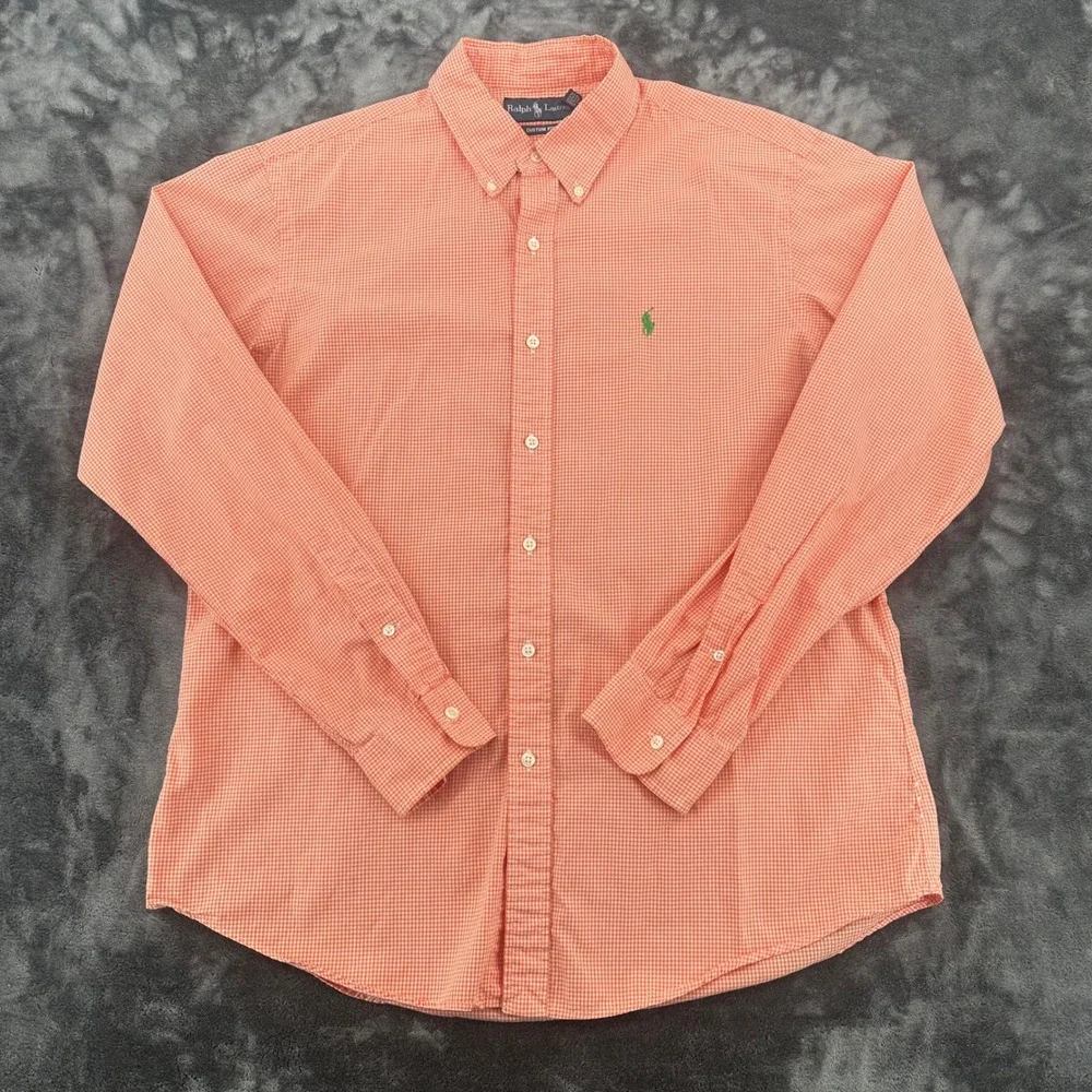 Polo Ralph Lauren Mens Orange Gingham Custom Fit Button Down Shirt‎ Large L 434